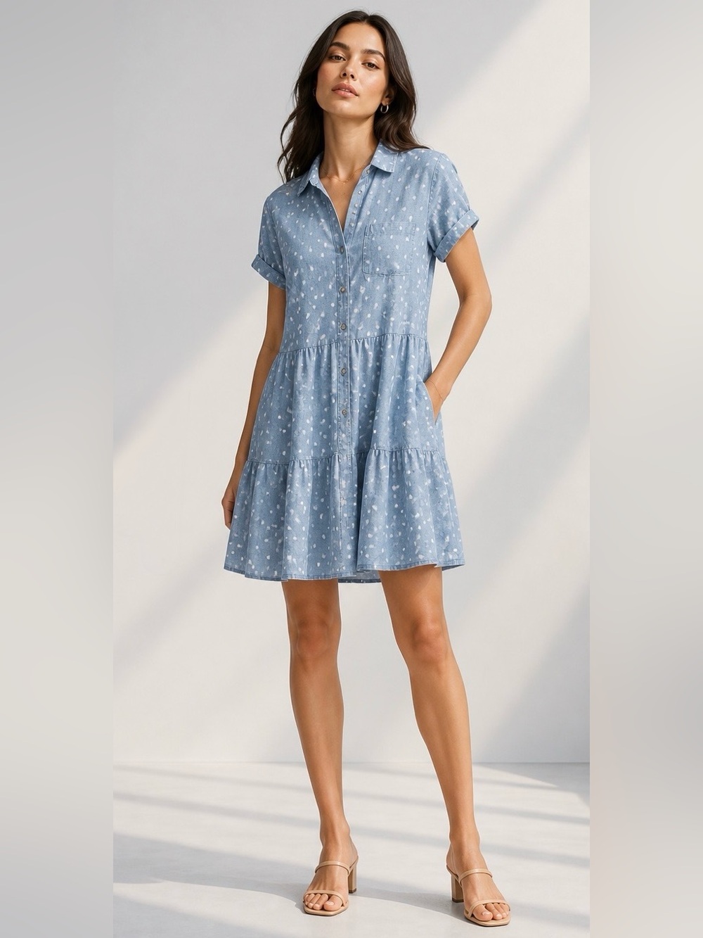 LOFT Light Blue Polka Dot Tiered Button-Front Dress
